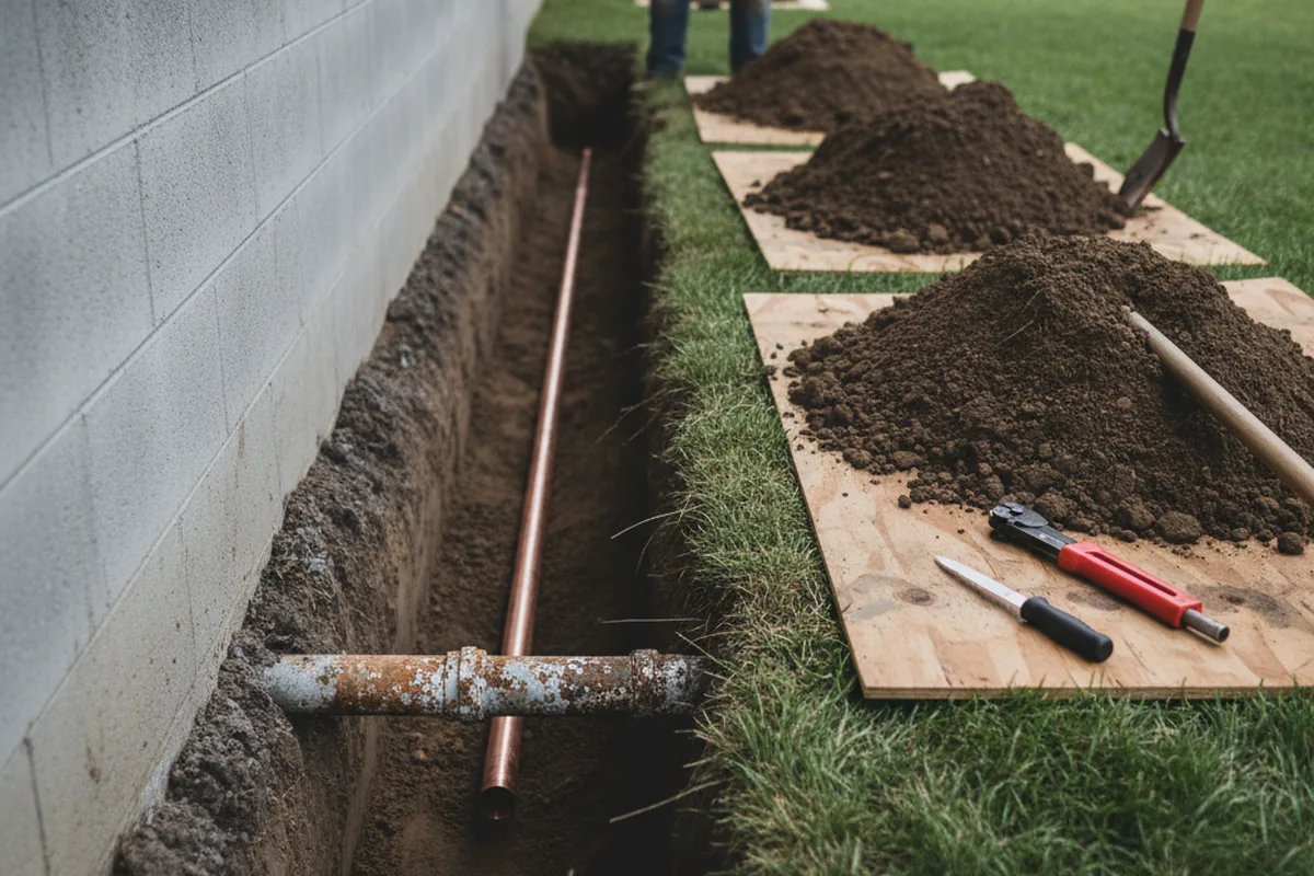 Excavated water line trench during Sewer Line Repair in Hillsborough